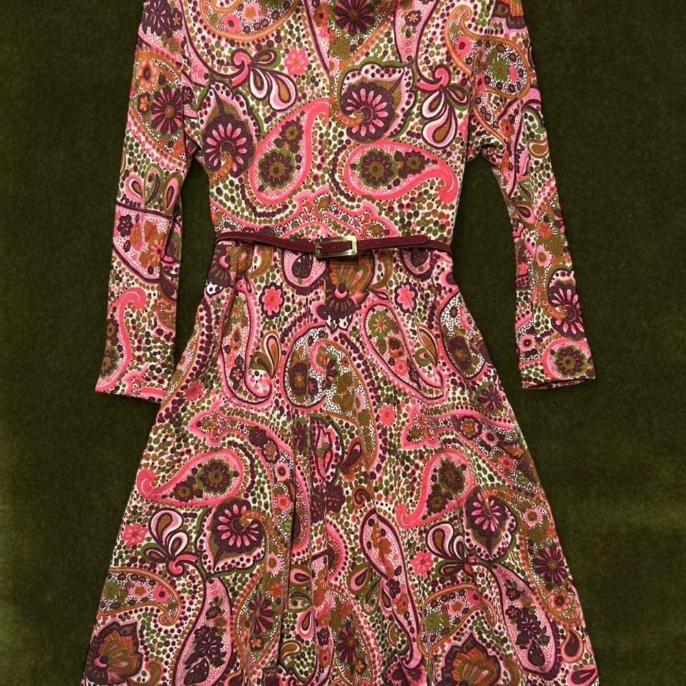 1960s UNION MADE Countess Alexander Velvet Touch Paisley Mini Dress + Belt - S/M
